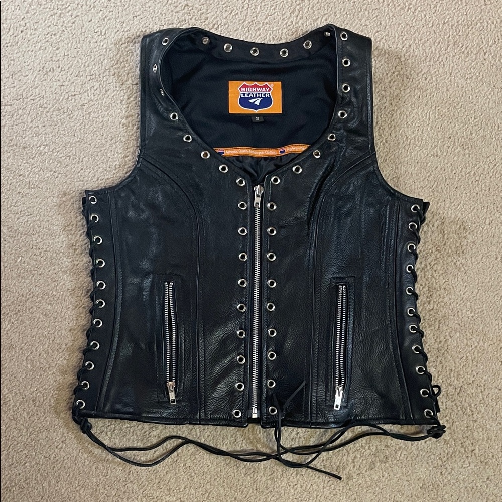Ladies' Black Leather Vest with Eyelet Details